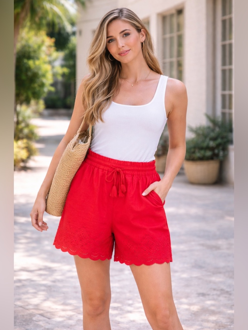 Talbots Style Red Eyelet Shorts High Waist Summer Vacation Chic